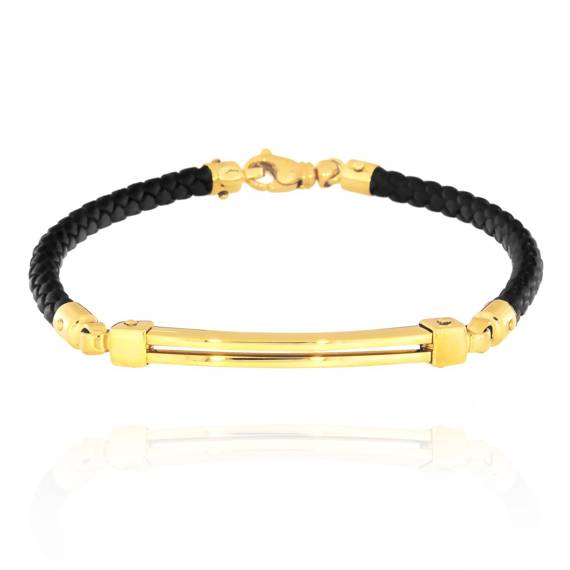 Herrenarmband aus Gold 585 mit Gravur auf schwarzem Lederband 20 cm