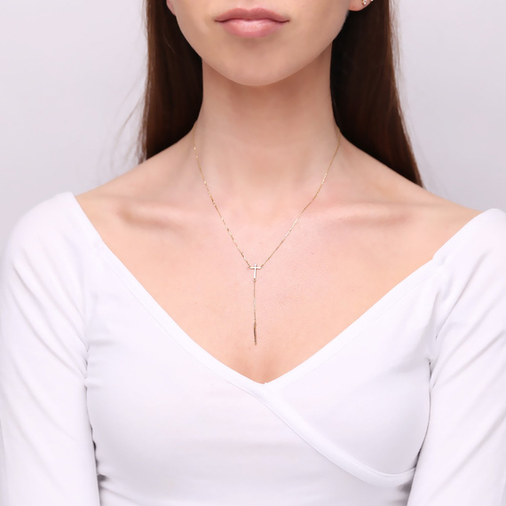 Gold 585 Krawattenhalskette mit Stabkreuz und Zirkoniumdioxid