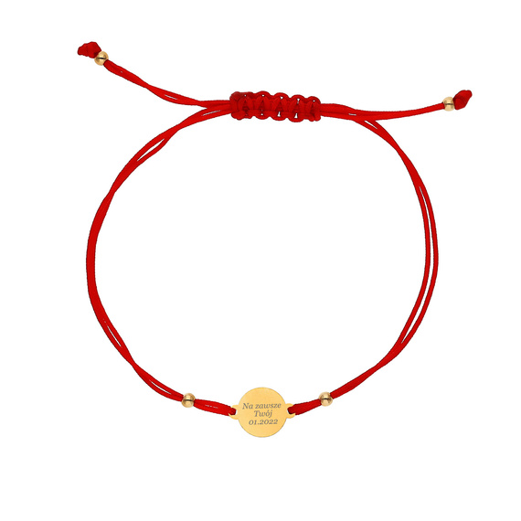 585 Goldarmband an roter Kordel mit runder Kugelgravur