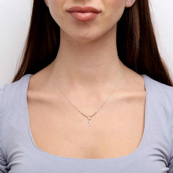 Gold 585 Festkreuz Halskette auf Kreis mit Zirkonia am Verschluss 42 - 45 cm