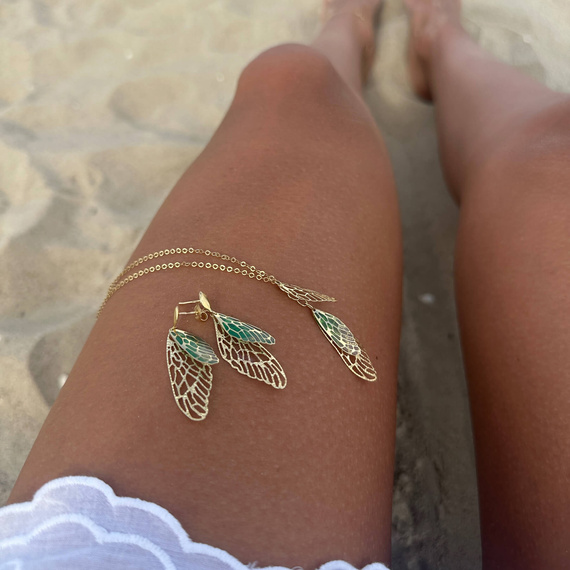 Gold 585 feierliche Schmetterlingsflügel Diamant-Halskette mit grüner Emaille