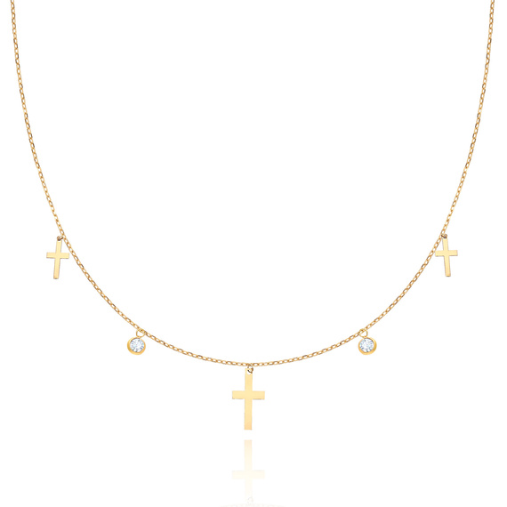 Gold 585 Halskette mit Kreuzen und weißem Zirkonia als Fußkettchen
