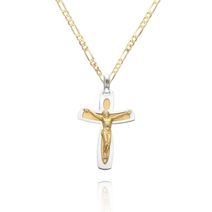 Goldanhänger 585 Kreuz mit Jesus Passion Weiß- und Gelbgold