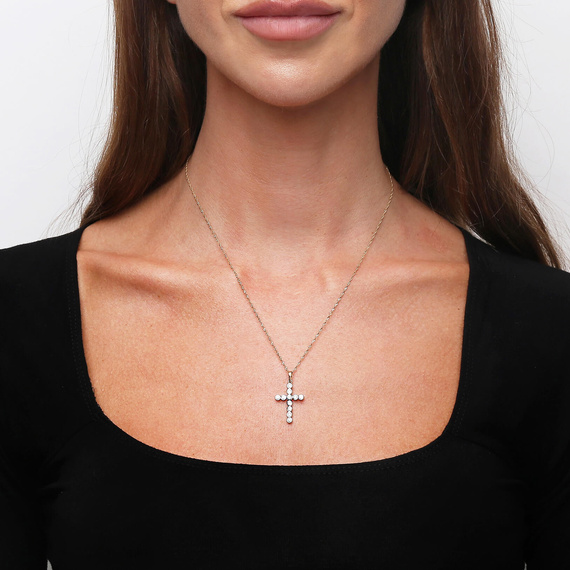 Goldener Anhänger Kreuz 585 Kreuz weiße Zirkonia diamantiert zweifarbig