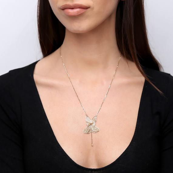 Damen Gold Krawatte Halskette 585 Schmetterling Diamant Fußkettchen Perlenkette