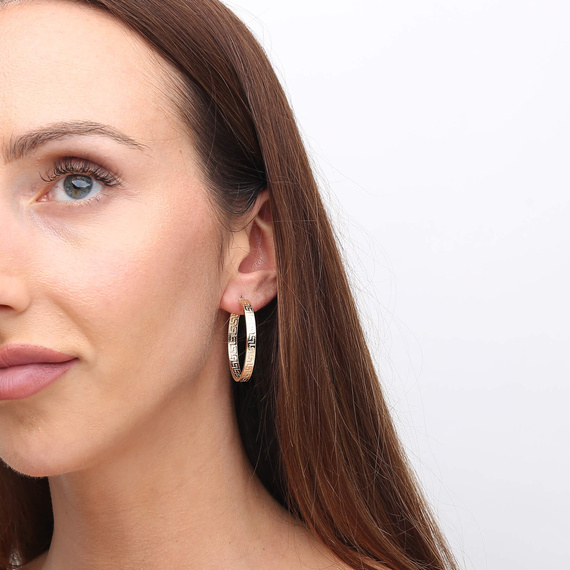 Thick Kreis Ohrringe Gold 585 eingeschnittene griechische Muster auf Snap-on 3,5 cm