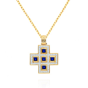 Goldanhänger großes Kreuz 585 mit Zirkonen Kreuz blau weiß Zirkone