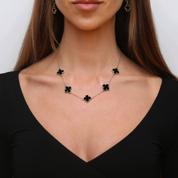 Gold Halskette große schwarze Kleeblätter 585 Naturstein Onyx