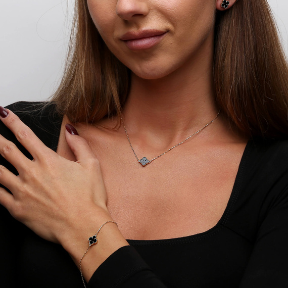 Gold 585 Kleeblumen-Halskette mit schwarzem Onyx