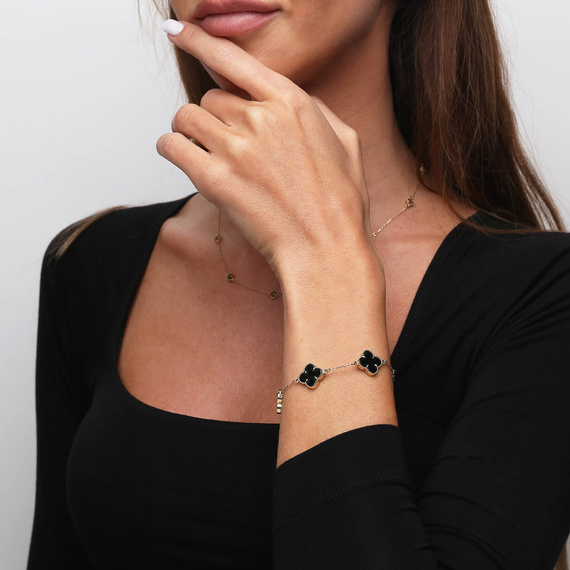 Goldarmband mit großen schwarzen Kleeblättern 585er Gold natürlicher Onyx-Stein