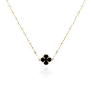 Gold 585 Kleeblumen-Halskette mit schwarzem Onyx