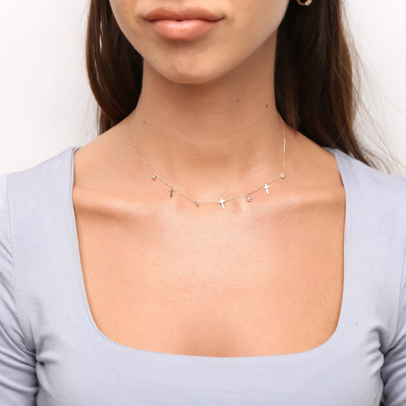 Halskette aus Gold mit Kreuzen und Zirkonen 585