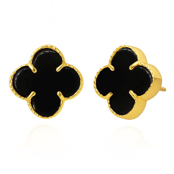 Gold große Klee Ohrringe mit Onyx 585 Kleeblumen natürlichen Onyx schwarz auf einem Post