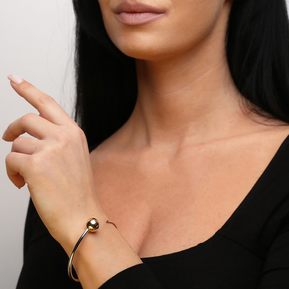 Gold steif schlicht 585 Armreif weißes Gelbgold halboffenes Armband mit Kugel