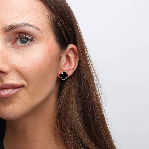 Gold große Klee Ohrringe mit Onyx 585 Kleeblumen natürlichen Onyx schwarz auf einem Post