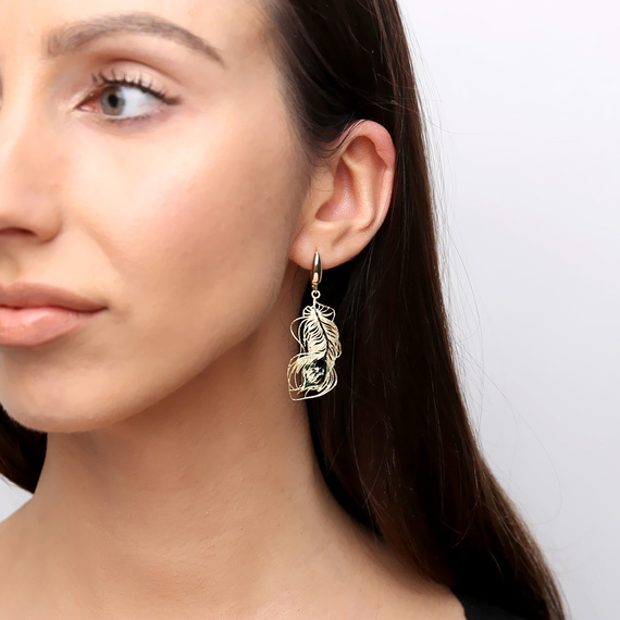 Gold 585 Diamant-Anhänger Ohrringe Pfauenfedern am Ohrring