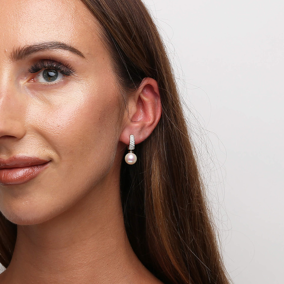 Gold Perlenohrringe mit Zirkonia 585 Anhänger Englische Schließe