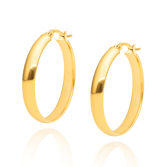 Goldene Ohrringe mit breitem Kreis 585, schlicht mit Druckknopf 3,5 cm