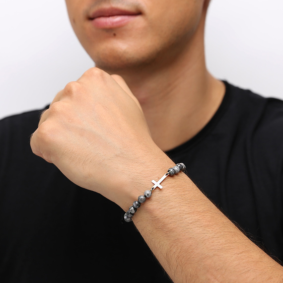 Herren Gold 585 Kreuz Armband grau Jaspis Perlen auf Schnur