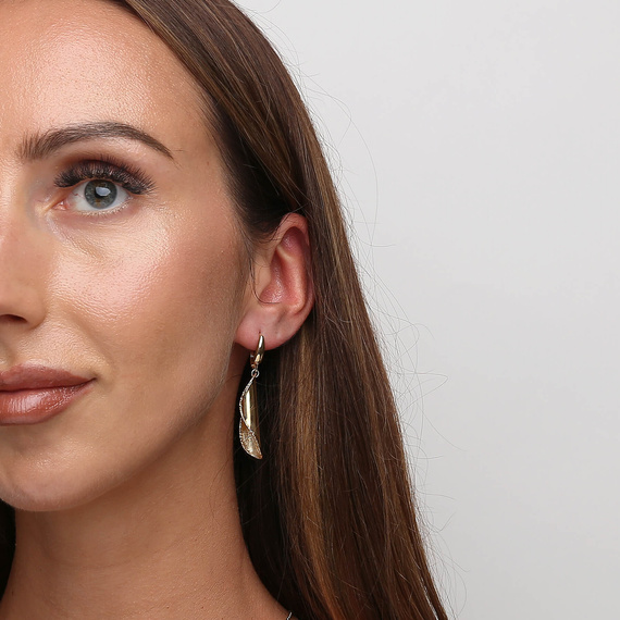 Gold lange Blatt-Ohrringe 585 Anhänger Blätter diamantiert Englisch