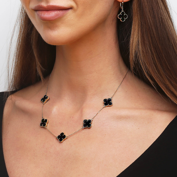 Gold Halskette große schwarze Kleeblätter 585 Naturstein Onyx