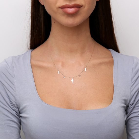 Gold 585 Halskette mit Kreuzen und weißen Zirkonen Fußkettchen