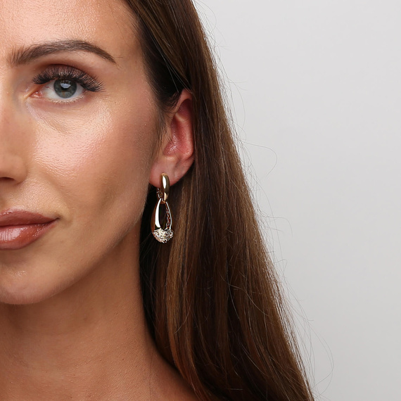 Gold ovale Ohrringe 585 doppelte Ebene durchbrochene Zirkonia Vintage hängen Englisch 2in1