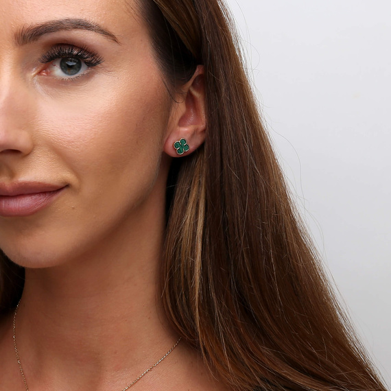 Gold Klee Ohrringe 585 Kleeblätter Blumen natürlichen Malachit auf Stick