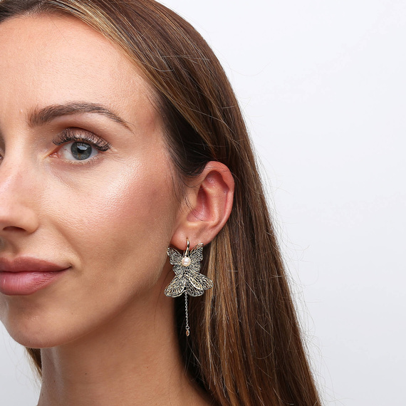 Goldanhänger Ohrringe groß 585 durchbrochener Schmetterling Diamant Perlenohrring