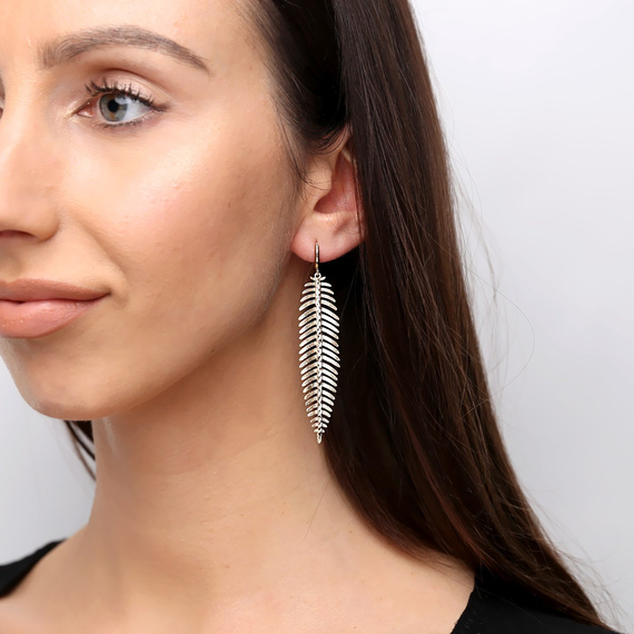 Gold 585 großer Federblatt-Anhänger lange Diamant-Ohrringe