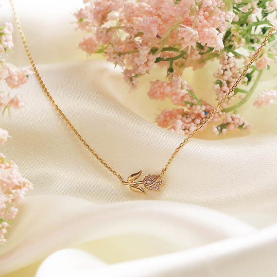 Gold rose 585 Blume Diamant Halskette rosa Zirkonia 42-45 cm