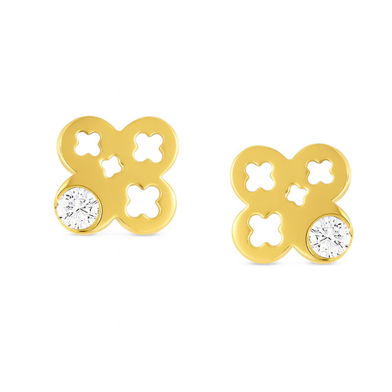 Goldene durchbrochene Kleeblatt-Ohrringe mit Zirkonia an einem 585 Daisy-Stift