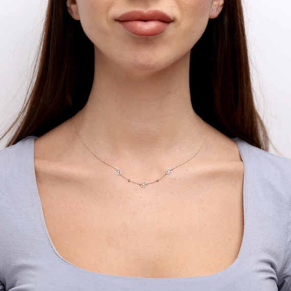 Festliche Goldkette 585 Blumen mit Zirkonia am Verschluss 40 - 43 cm