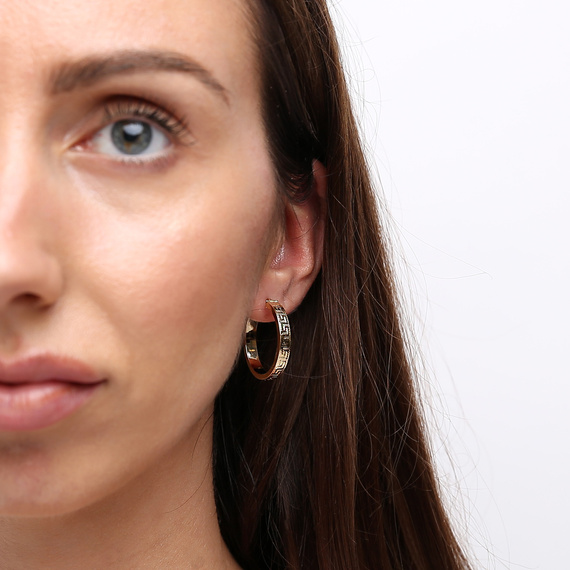 Thick Kreis Ohrringe Gold 585 eingeschnittene griechische Muster auf Snap 2,5 cm