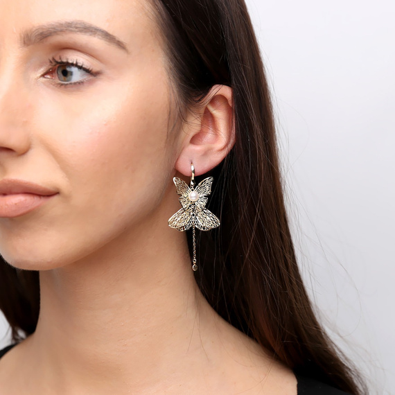 Goldanhänger Ohrringe groß 585 durchbrochener Schmetterling Diamant Perlenohrring