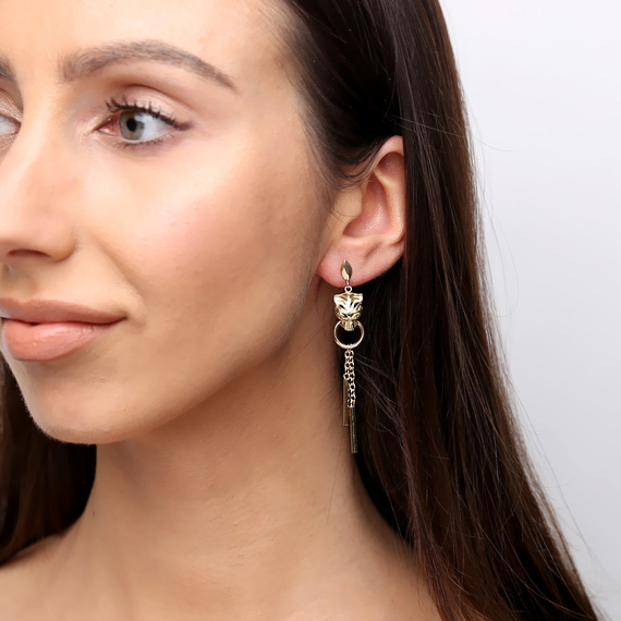 Gold-Tiger-Ohrringe 585 Tigerkopf-Anhänger lang