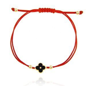 Goldarmband auf roter Schnur schwarze Blume 585 Emaille