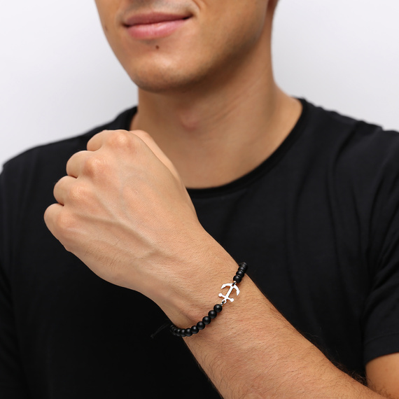 Herren Goldarmband 585 Anker schwarz matt Perlen Hämatit auf Schnur