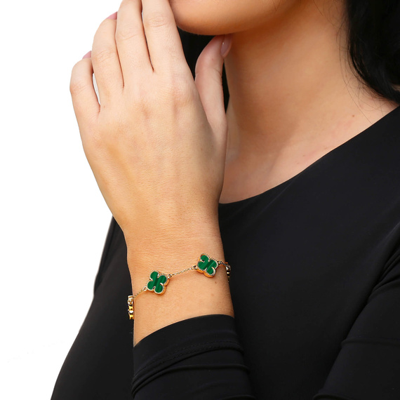 Großes Goldarmband 585 mit Klee Naturstein Malachit