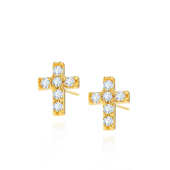 Goldene Ohrringe mit Kreuz 585 Kreuz mit Zirkonia auf Steckstift