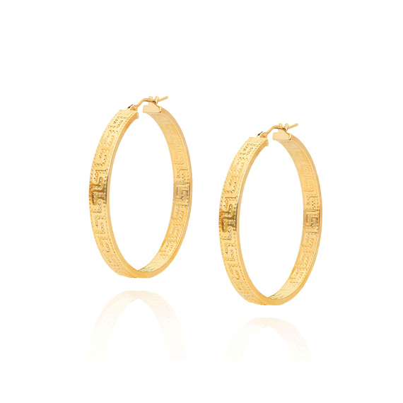 Thick Kreis Ohrringe Gold 585 eingeschnittene griechische Muster auf Snap 2,5 cm