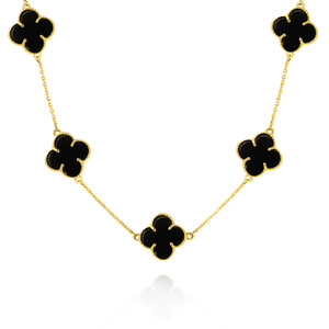 Gold Halskette große schwarze Kleeblätter 585 Naturstein Onyx