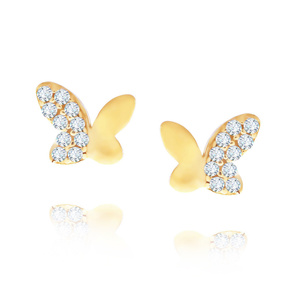 Goldene Schmetterlingsohrringe mit Zirkonen 585 auf einer Stange