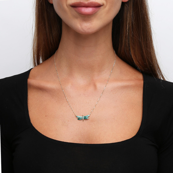 Gold Libelle Halskette 585 grün türkis Emaille Fußkettchen