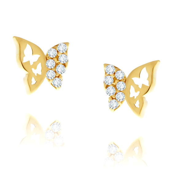 Gold durchbrochene Schmetterlingsohrringe mit Zirkonen 585 auf einem Stift