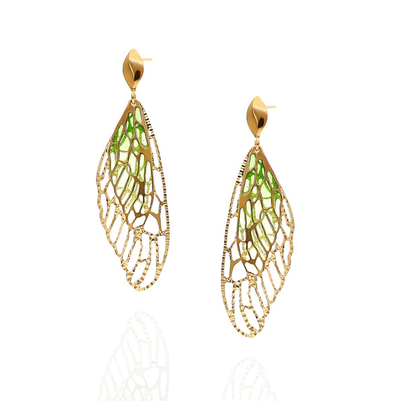 Goldanhänger Ohrringe 585 Schmetterlingsflügel Diamant grün emailliert am Stab