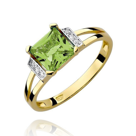 Verlobungsring aus Gold mit großem Olivin 1,10 ct und Diamanten 0,03 ct