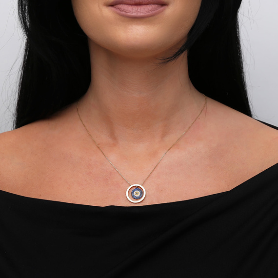 Gold Halskette Auge des Propheten Fatima blauer Zirkonia 585 Jasmine