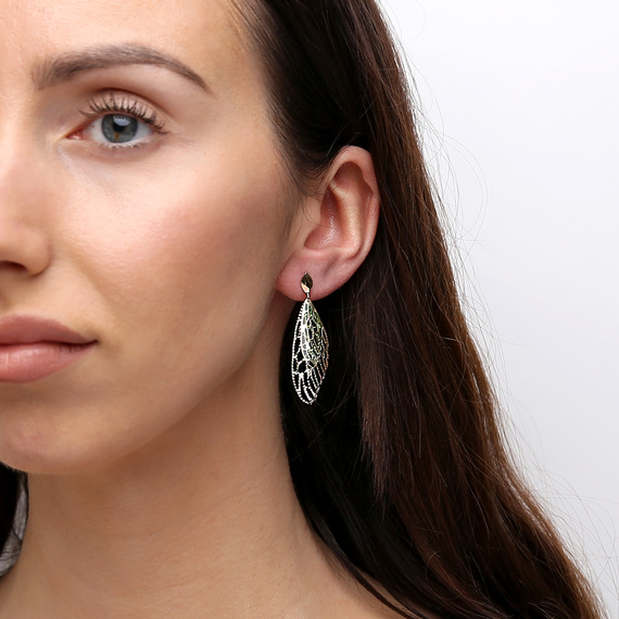 Goldanhänger Ohrringe 585 Schmetterlingsflügel Diamant grün emailliert am Stab