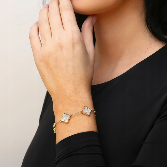 Goldarmband große Kleeblätter 585 Naturstein Perlmutt